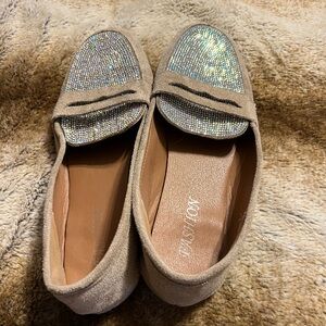 Tan Loafers with Sparkling Silver Accents